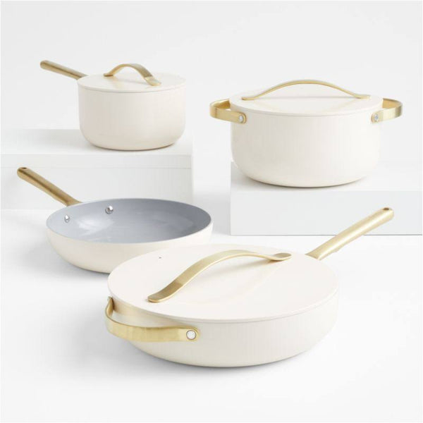 Caraway Home 7-Piece Cream Ceramic Non Stick Cookware Set with Gold Hardware